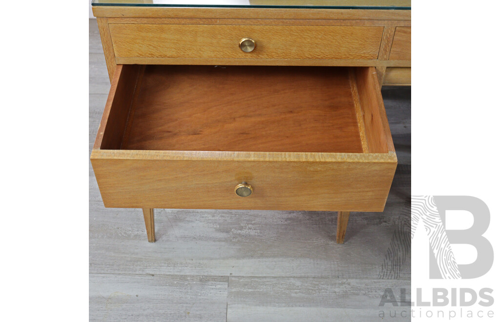 Silky Oak Seven Drawer Mirrored Back Dresser with Two Stools by Edward Hill