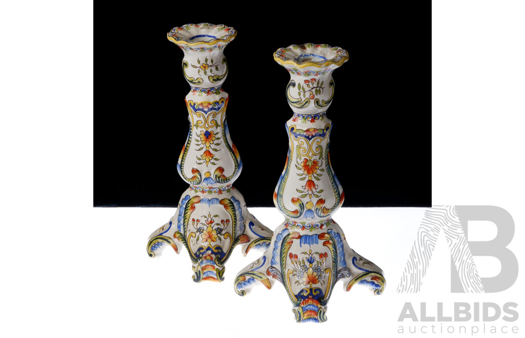 Antique Pair French Rouen Faience Candle Holders with Hand Painted Decoration, Circa 1880s