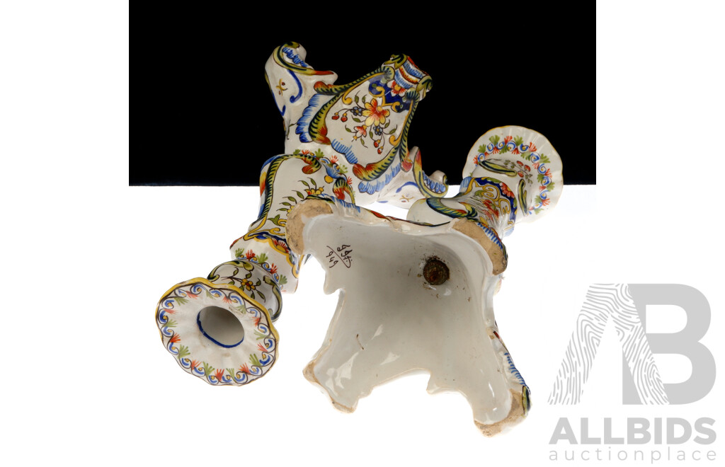 Antique Pair French Rouen Faience Candle Holders with Hand Painted Decoration, Circa 1880s