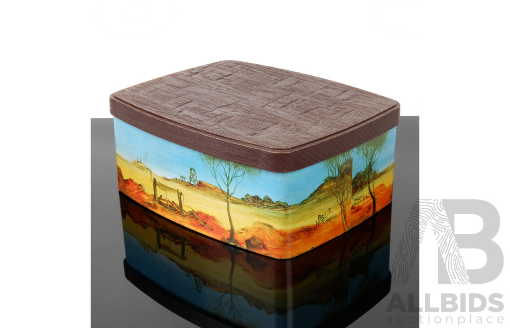 Vintage Australian Willow Tin with Pro Hart Mining Landscape Printed Scene and Textured Wood Grain Lid