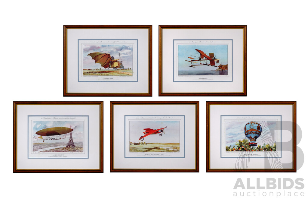 Lovely Collection of Five Vintage Reproduction Colour Prints Honouring French (& One Brazilian) Aeronautical Innovators, 32 x 40 cm (frames) (5)