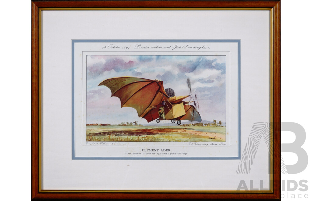 Lovely Collection of Five Vintage Reproduction Colour Prints Honouring French (& One Brazilian) Aeronautical Innovators, 32 x 40 cm (frames) (5)
