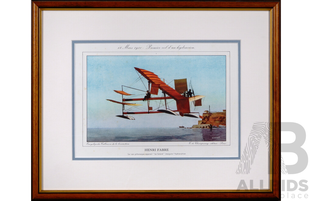 Lovely Collection of Five Vintage Reproduction Colour Prints Honouring French (& One Brazilian) Aeronautical Innovators, 32 x 40 cm (frames) (5)