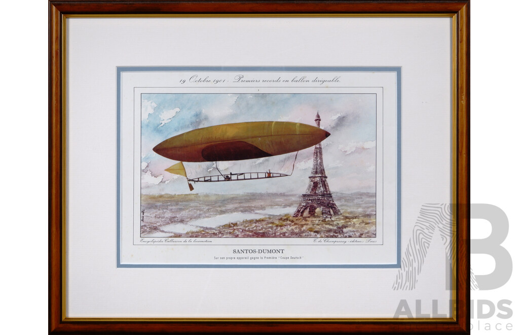 Lovely Collection of Five Vintage Reproduction Colour Prints Honouring French (& One Brazilian) Aeronautical Innovators, 32 x 40 cm (frames) (5)