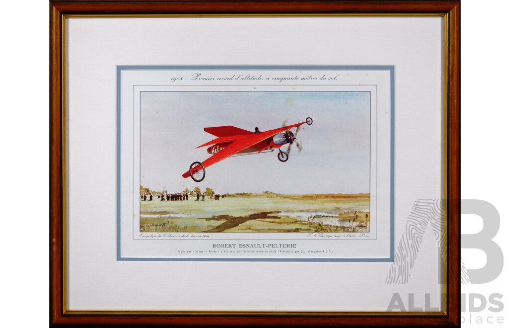 Lovely Collection of Five Vintage Reproduction Colour Prints Honouring French (& One Brazilian) Aeronautical Innovators, 32 x 40 cm (frames) (5)
