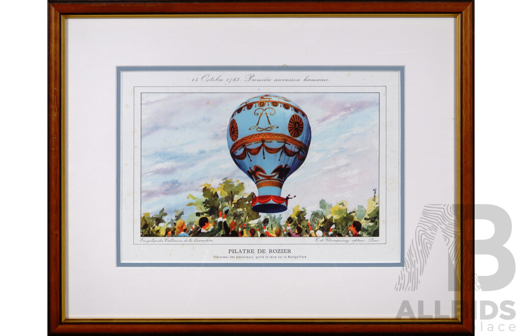 Lovely Collection of Five Vintage Reproduction Colour Prints Honouring French (& One Brazilian) Aeronautical Innovators, 32 x 40 cm (frames) (5)
