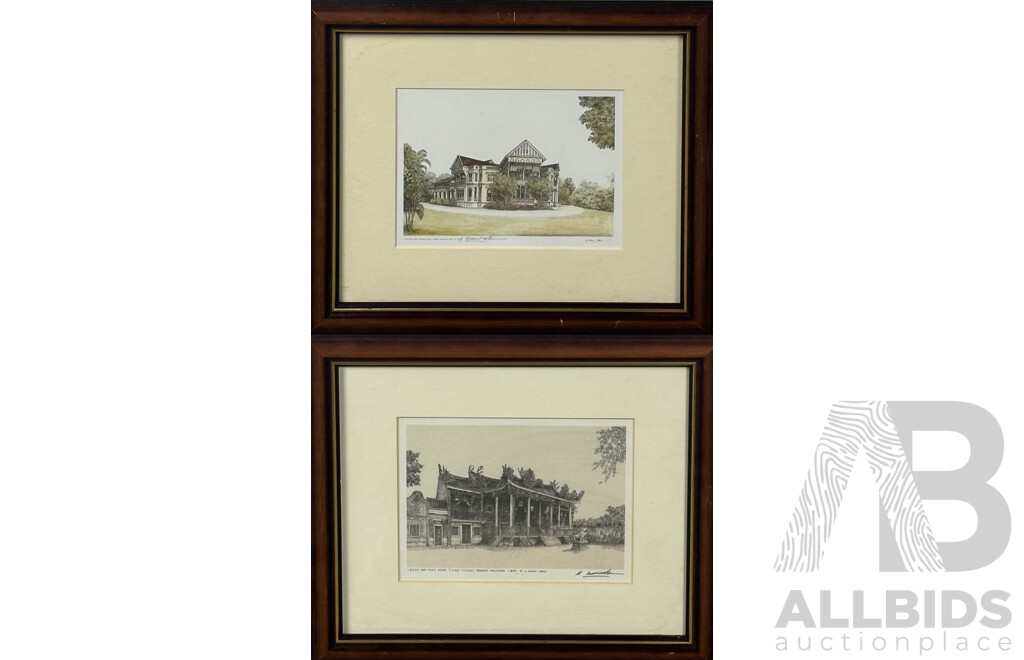 A. Kasim Abas, (20th Century, Malaysian, 1944-) Pair of Malaysian Landmarks, Reproduction Prints of Original Ink, Ink & Watercolour, Pencil Signed, 30 x 35 cm (frames) (2)