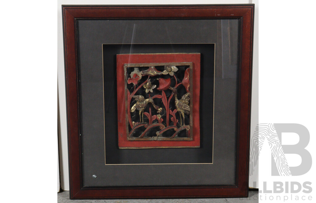 Framed Chinese Gilt Carving of Fishing Cranes
