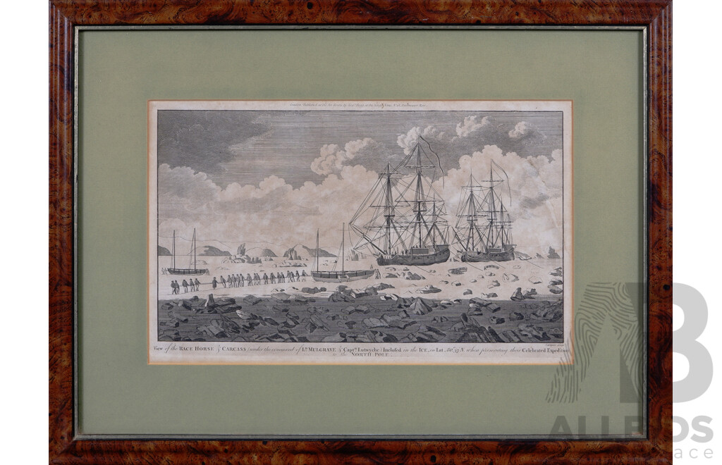 John Lodge, (British Engraver, 1735-1796), View of the Race Horse & Carcass (Under the Command of Ld. Mulgrave & Captain Lutwyche), Antique Print of Original Engraving, 40 x 55 cm (frame)