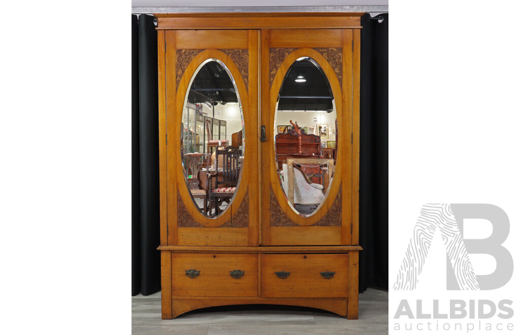 Large Antique Edwardian Cedar Double Door Wardrobe