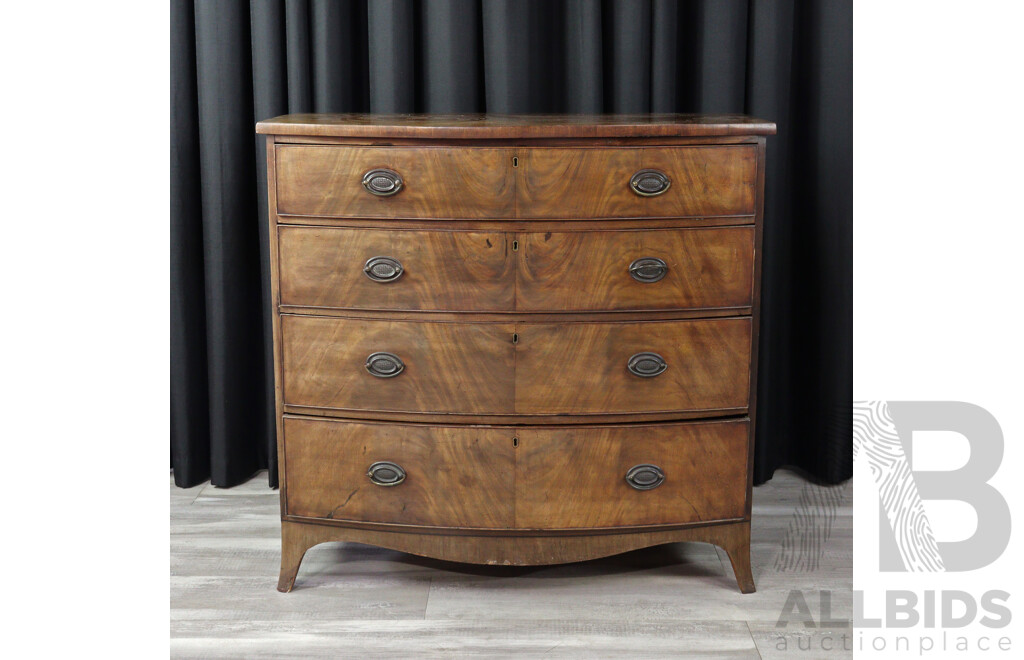 Early Victorian Flame Mahogany Bow Front Chest of Four Drawers
