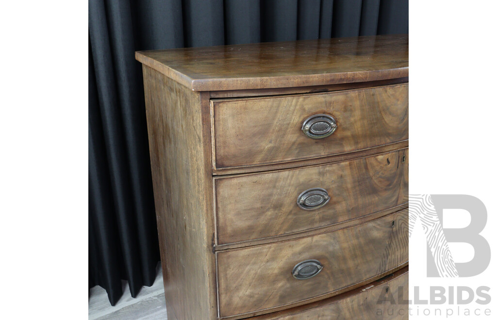Early Victorian Flame Mahogany Bow Front Chest of Four Drawers