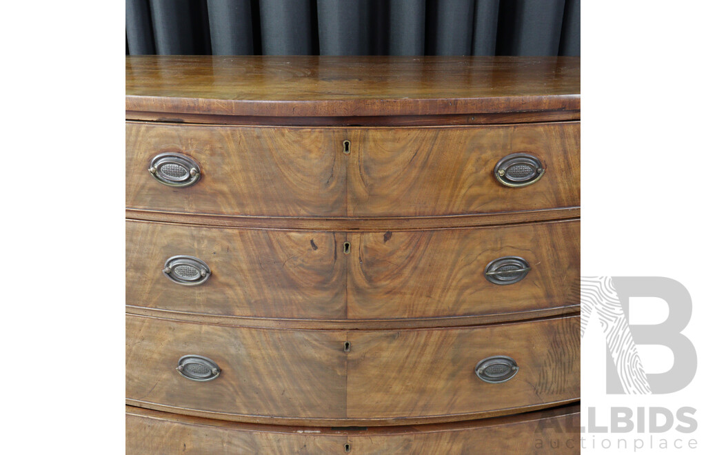 Early Victorian Flame Mahogany Bow Front Chest of Four Drawers