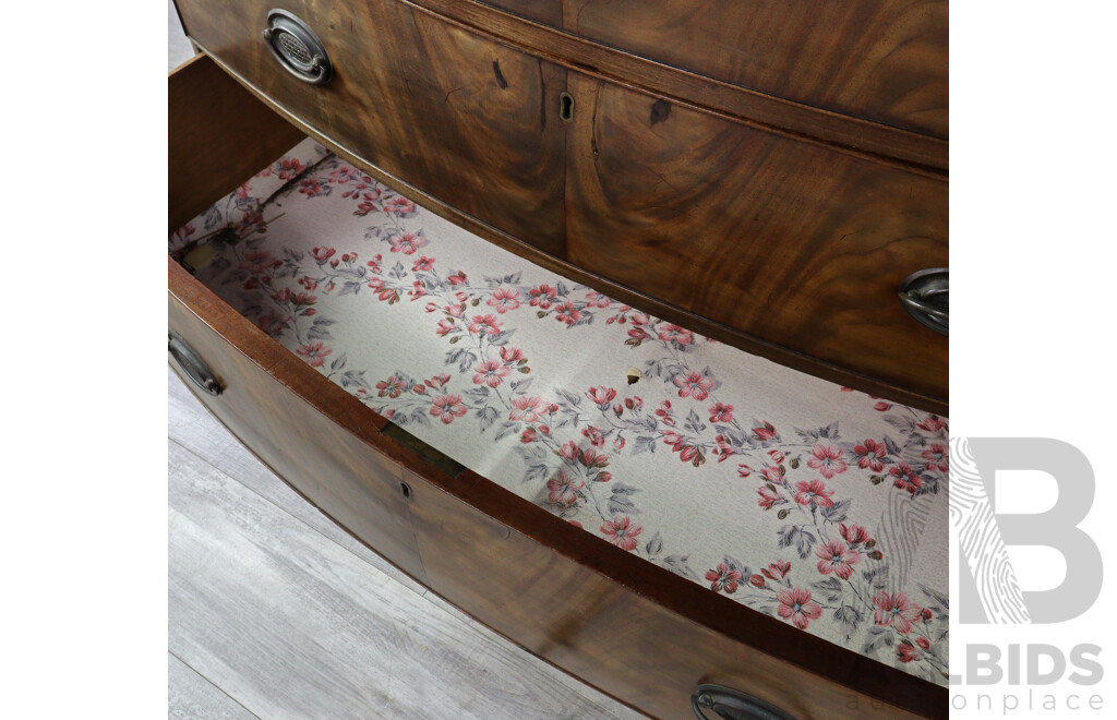 Early Victorian Flame Mahogany Bow Front Chest of Four Drawers