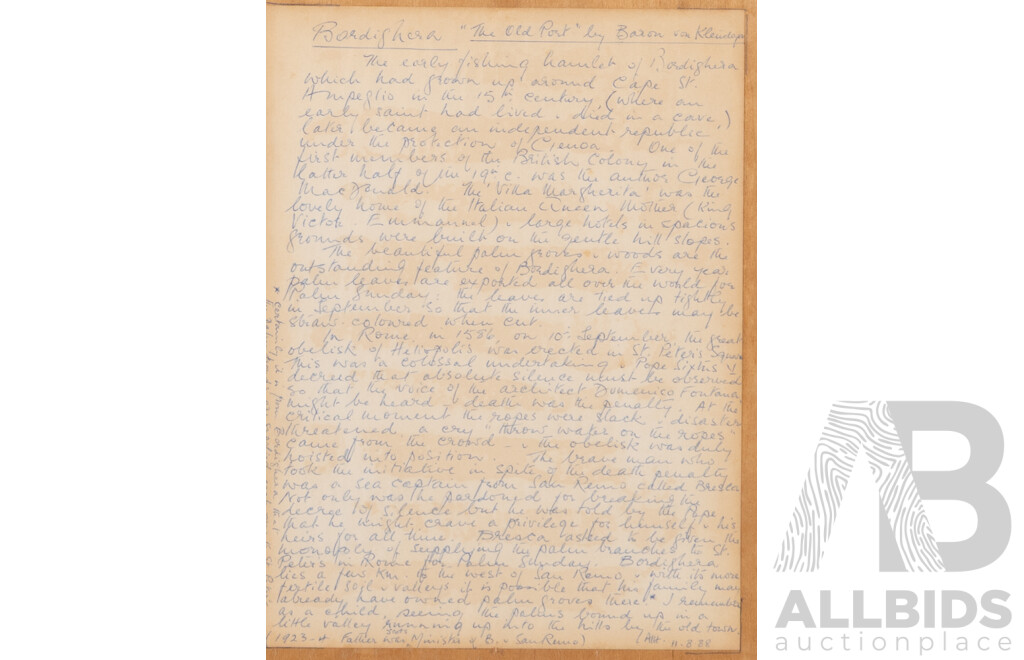 (Baron) Fritz Von Kleudgen, (19th C/Early 20th C, German,1846-1924), The Old Town Bordighera, Italy (1923/24), Watercolour, 73 x 55 cm (frame)