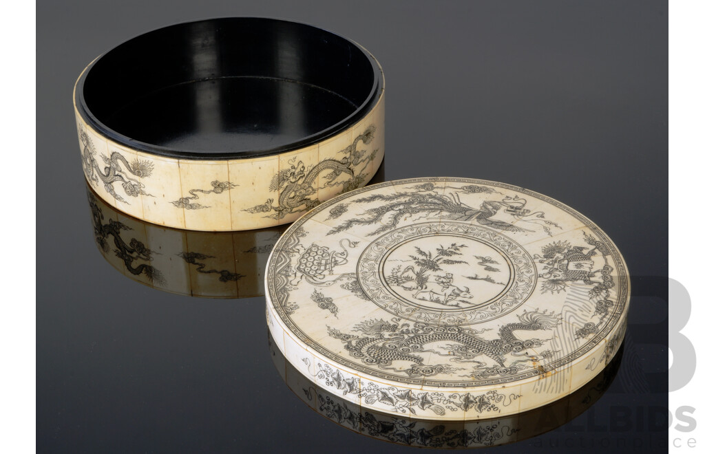 Vintage Chinese Bone Section Lidded Box with Engraved Phoenix & Dragon Motif