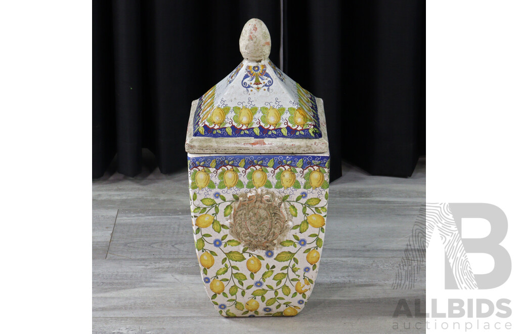 Large Antique Style Ceramic Italian Lidded Urn with Citrus Theme