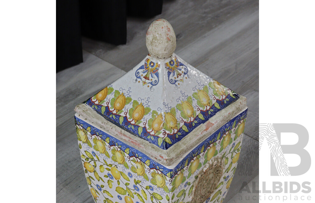 Large Antique Style Ceramic Italian Lidded Urn with Citrus Theme