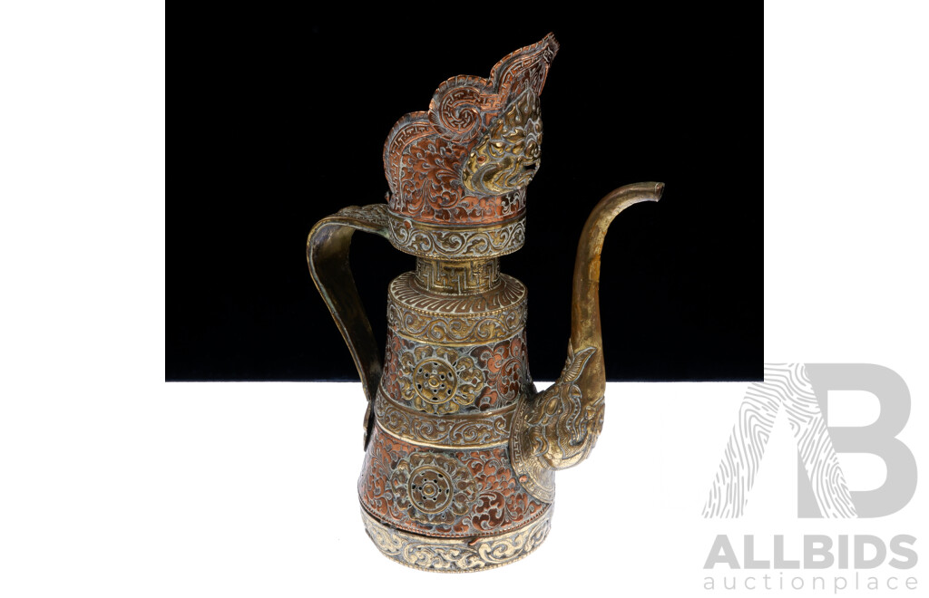 Antique Indian Hand Beaten Copper and Brass Water Pot with Naga Handle, Yali Form Spout & Chepu Mask to Rim