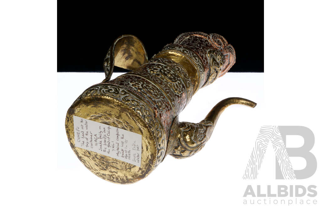 Antique Indian Hand Beaten Copper and Brass Water Pot with Naga Handle, Yali Form Spout & Chepu Mask to Rim