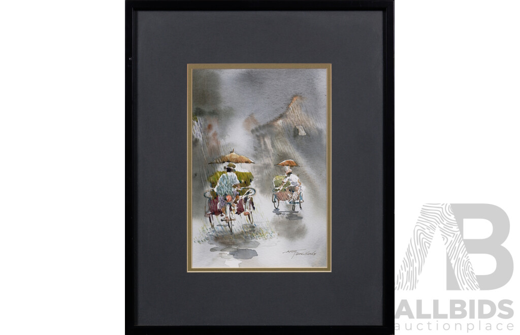 Ngo Teong Beng, (20th Century, Malaysian, 1950-), Rickshaws in the Rain, Watercolour, 42 x 34 cm (frame)