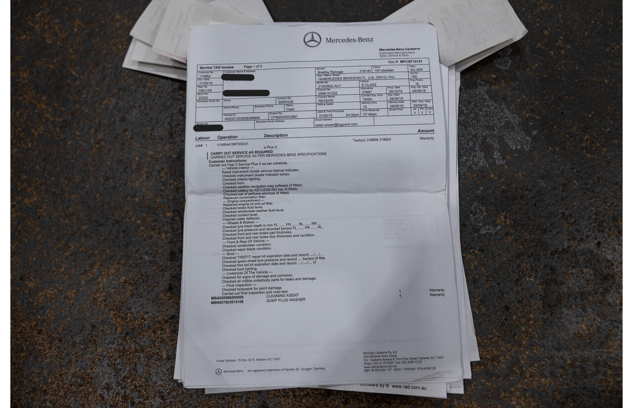 12/2015 Mercedes-Benz E250 W212 MY15 4D Sedan Obsidian Black Metallic Turbo 2.0L