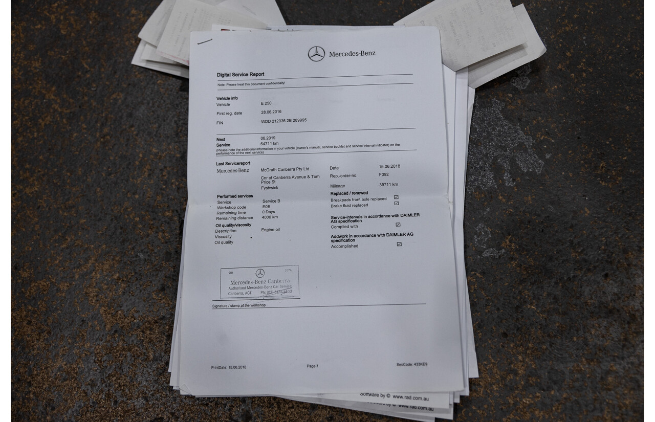 12/2015 Mercedes-Benz E250 W212 MY15 4D Sedan Obsidian Black Metallic Turbo 2.0L