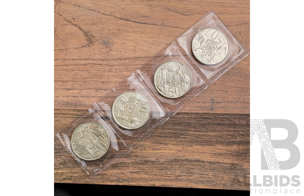 Four Australian 1966 Round Silver Fifty Cent Coins .800