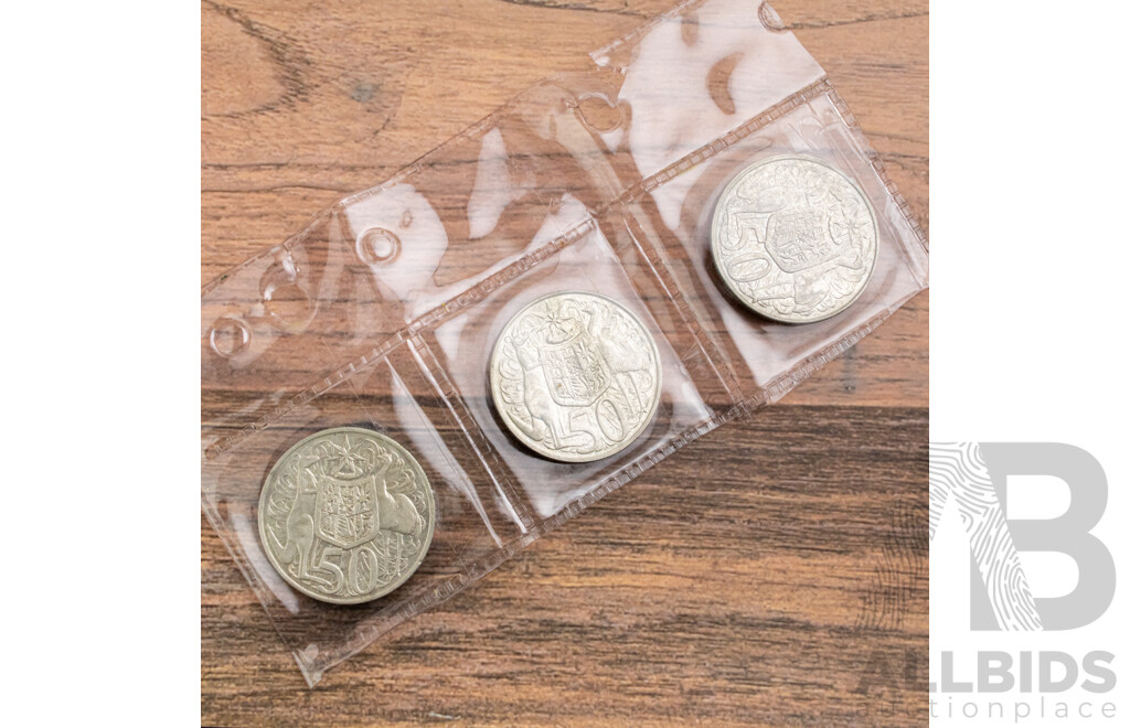 Three Australian 1966 Round Silver Fifty Cent Coins .800
