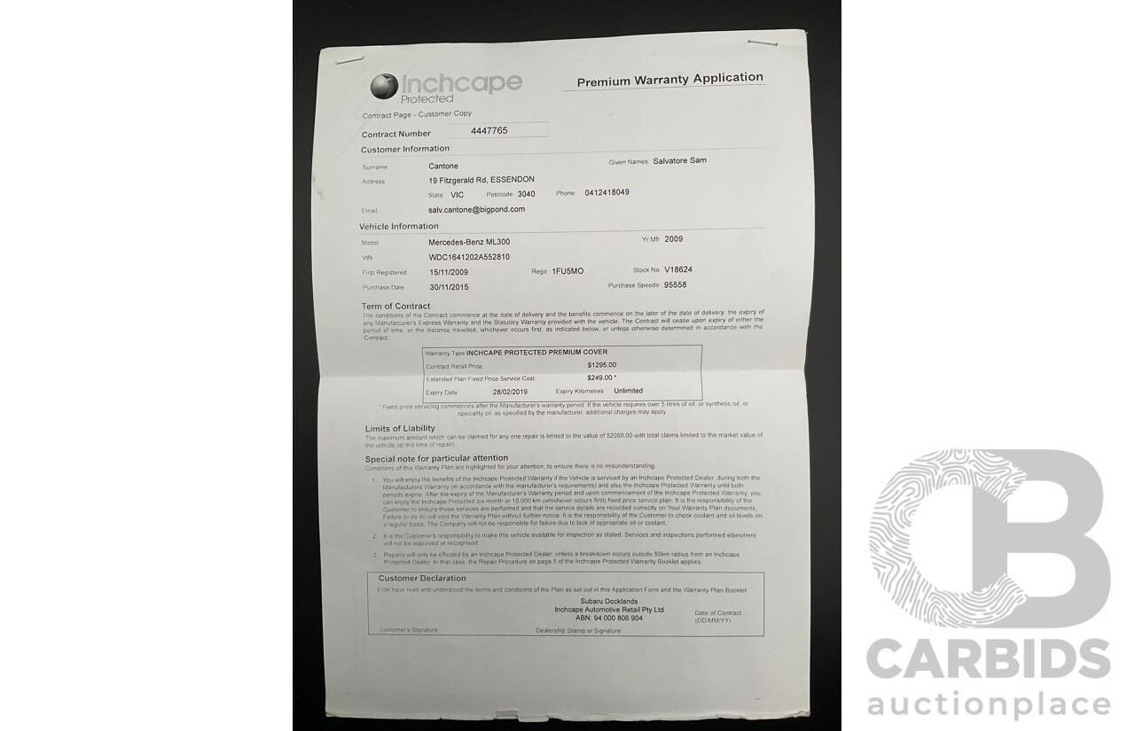 11/2009 Mercedes-Benz ML 300 CDI AMG Sports (4x4) W164 09 UPGRADE 4d Wagon Obsidian Black Metalic Turbo Diesel V6 3.0L