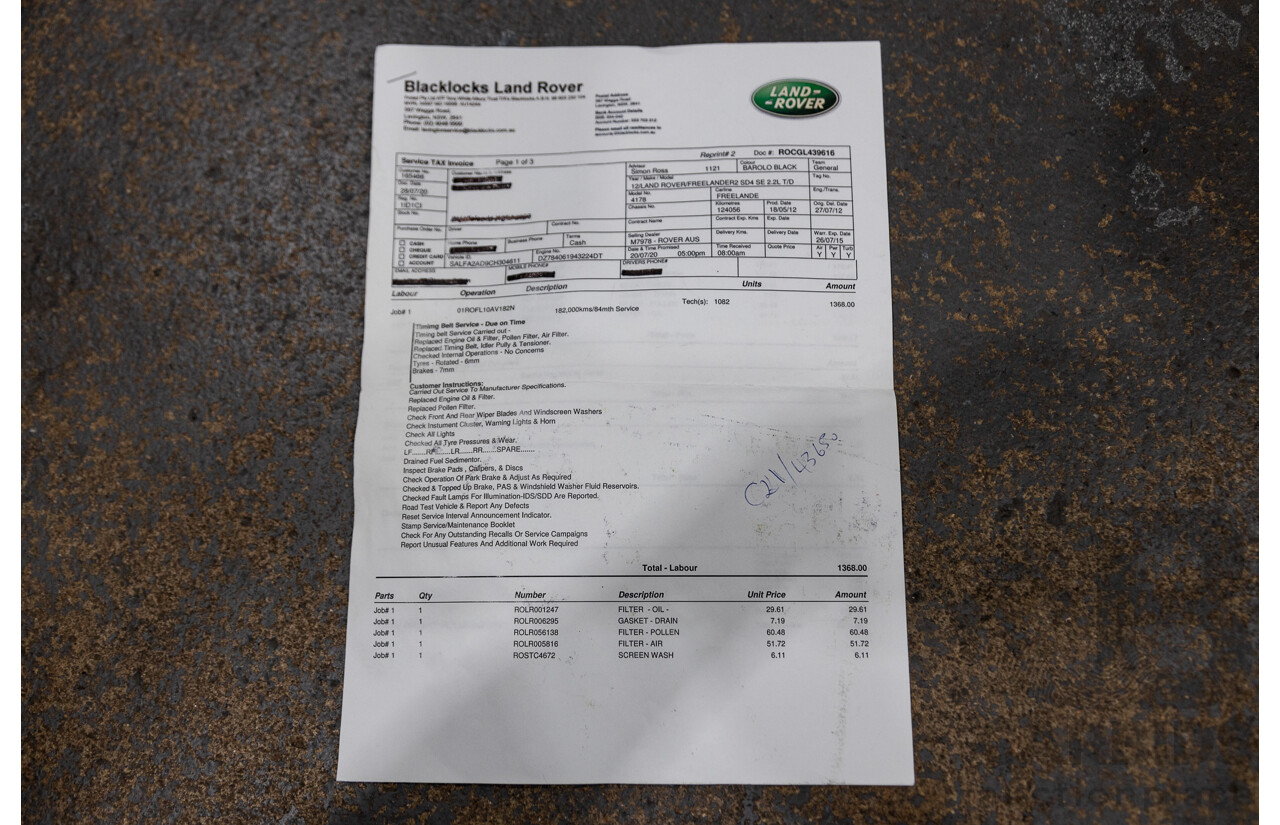 7/2012 Land Rover Freelander 2 SD4 SE (4x4) LF MY12 4d Wagon Black Turbo Diesel 2.2L