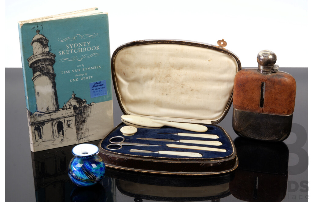 Collection of Vintage and Other Items Including Manicure Vanity Set in Case, Studio Art Glass Vase by Laugharne & Leather and Silver Plate Hip Flask by James Dixon and More