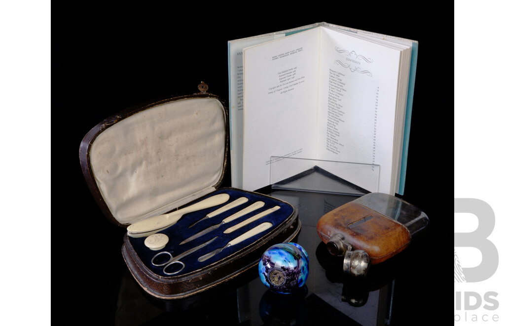 Collection of Vintage and Other Items Including Manicure Vanity Set in Case, Studio Art Glass Vase by Laugharne & Leather and Silver Plate Hip Flask by James Dixon and More