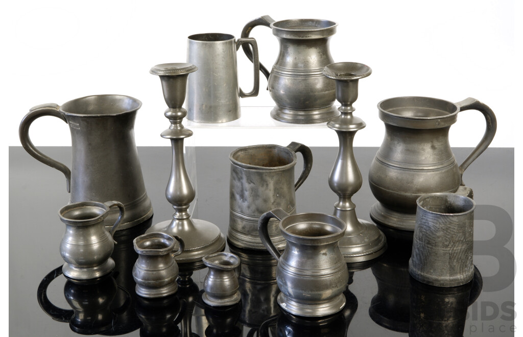 Collection Antique English Pewter Including Six Piece Graduating Measuring Set, Large Tankard, Mostly James Yates Along with Two Candle Holders