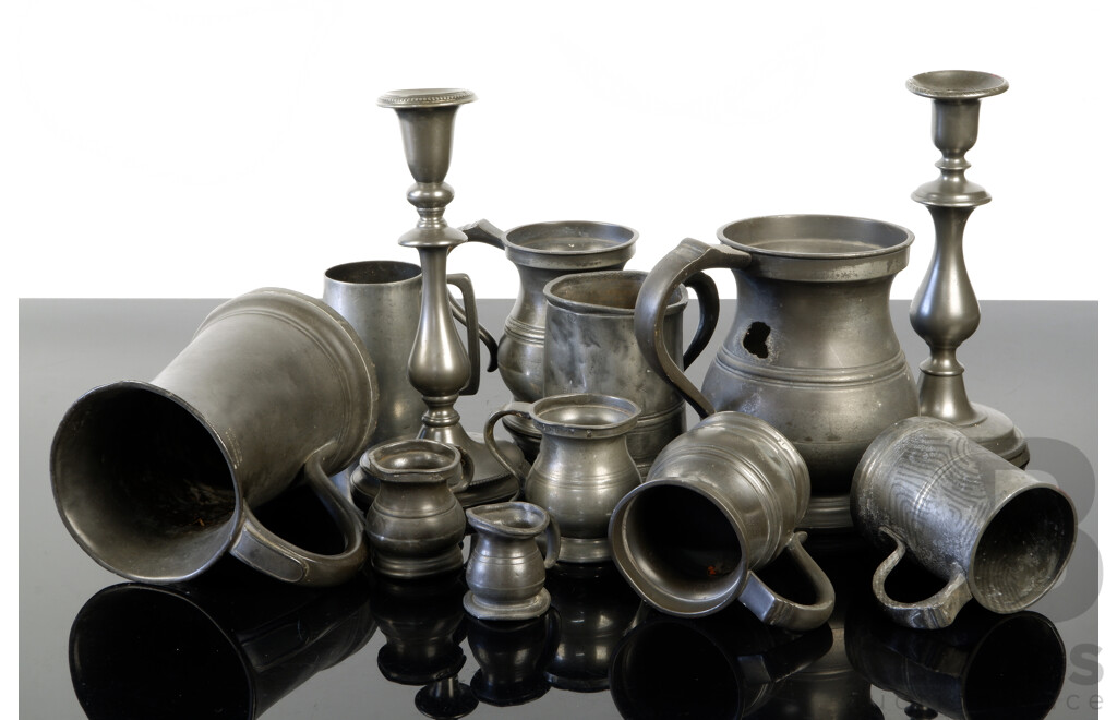 Collection Antique English Pewter Including Six Piece Graduating Measuring Set, Large Tankard, Mostly James Yates Along with Two Candle Holders