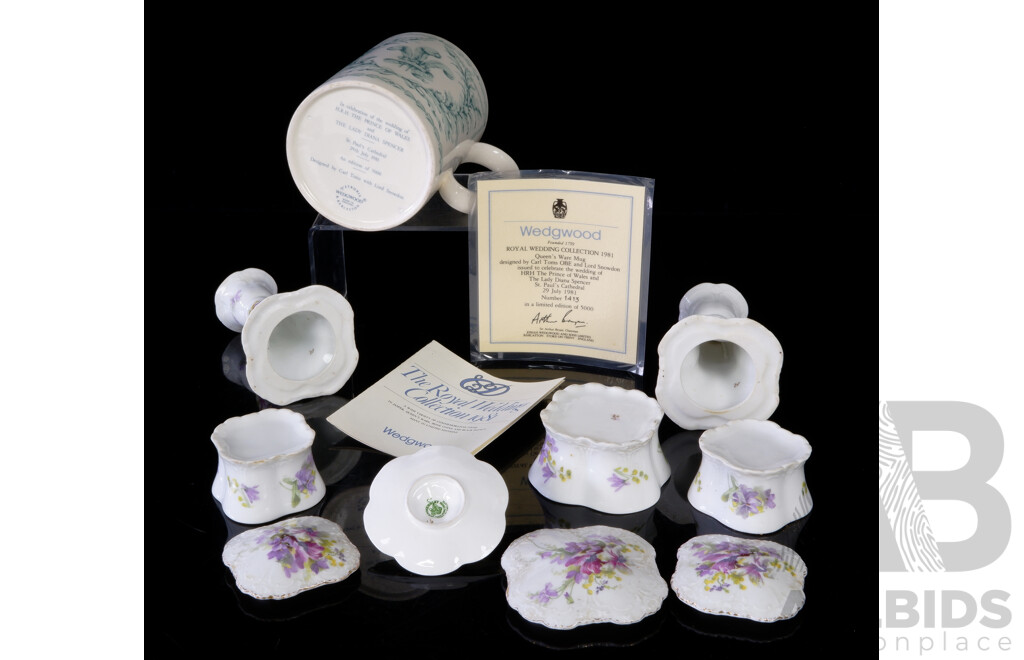 Collection Antique and Other Porcelain Including Limited Edition of 1413 of 5000 Wedgwood Commemorative Royal Wedding 1981 Tankard Designed by Carl Toms with Lord Snowdon and More