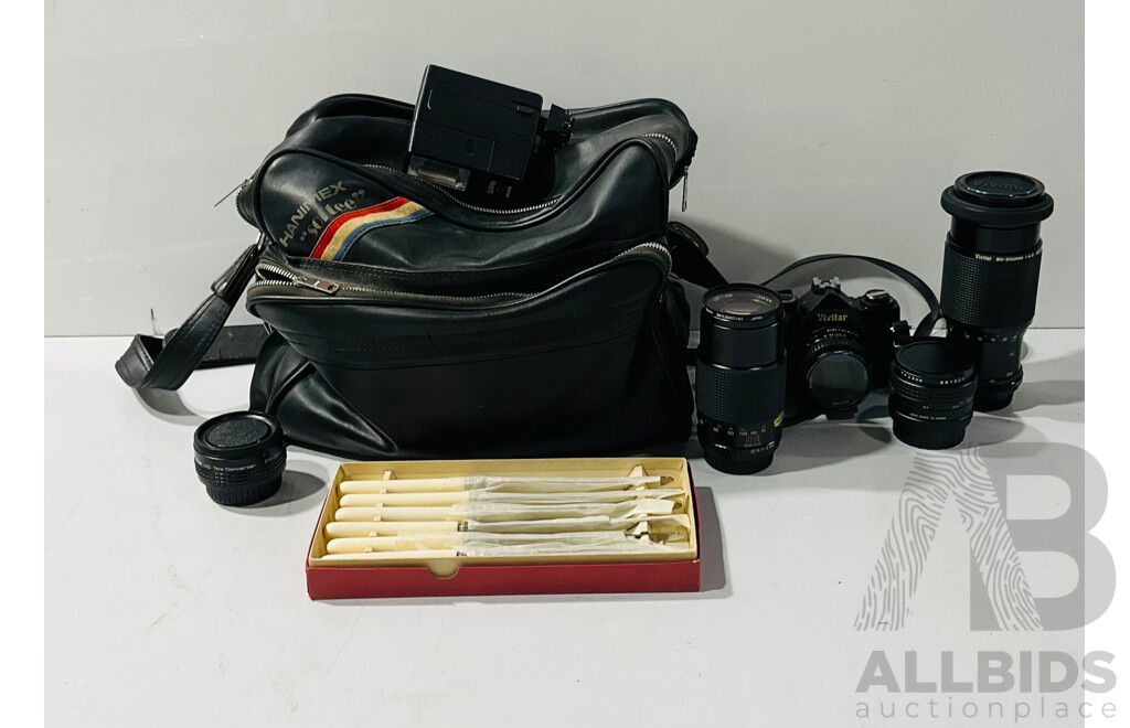 Vintage Vivitar XV-II Camera with Several Lenses and Stainless Steal Cutlery in Vintage Hanimex “softee” Bag