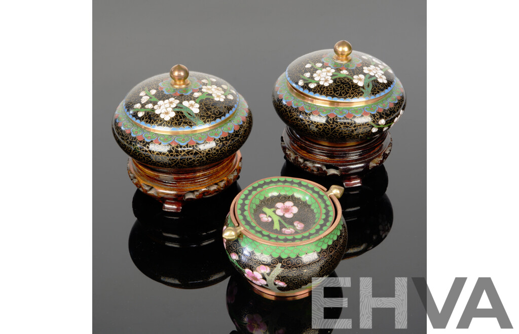 Pair Lidded Cloisonne Dishes on Carved Wooden Stands Along with Cloisonne Ashtray with Swinging Lid