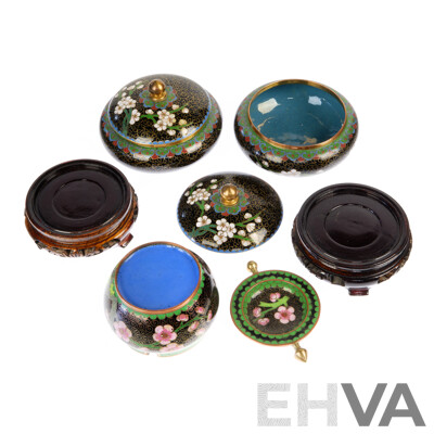 Pair Lidded Cloisonne Dishes on Carved Wooden Stands Along with Cloisonne Ashtray with Swinging Lid