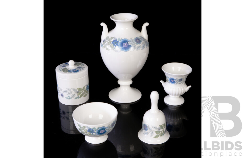 Collection Five Wedgwood Porcelain Pieces in Clementine Pattern Including Large Twin Handled Urn Form Vase, Bell, Lidded Dish and More