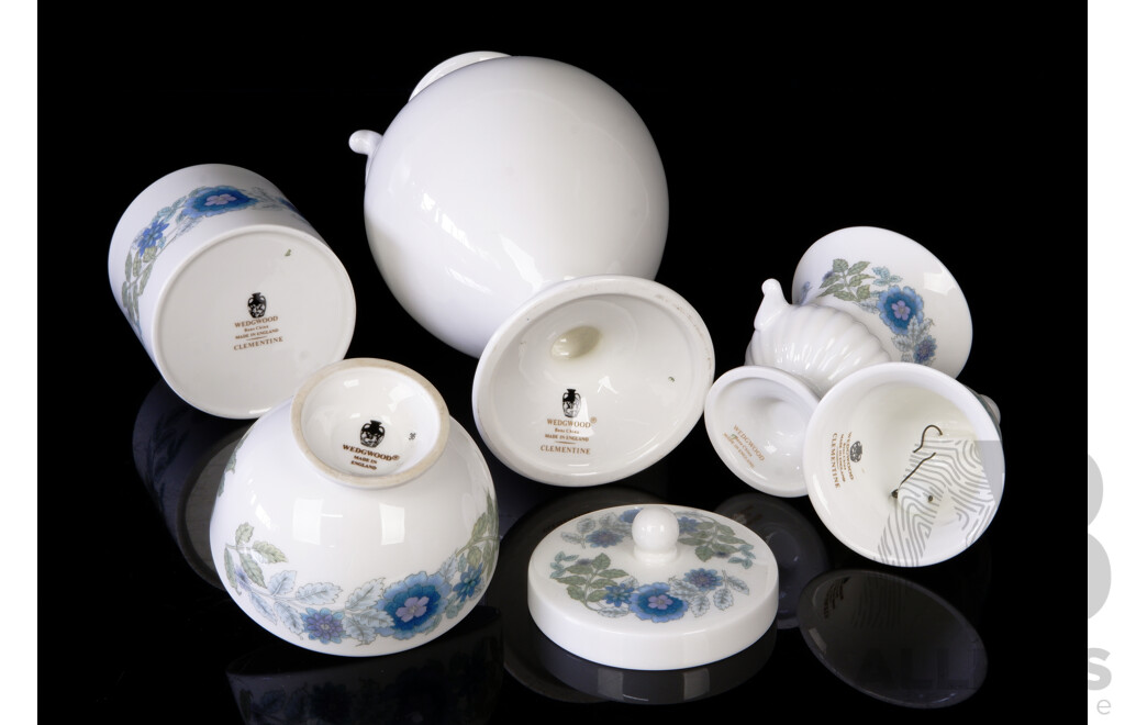 Collection Five Wedgwood Porcelain Pieces in Clementine Pattern Including Large Twin Handled Urn Form Vase, Bell, Lidded Dish and More