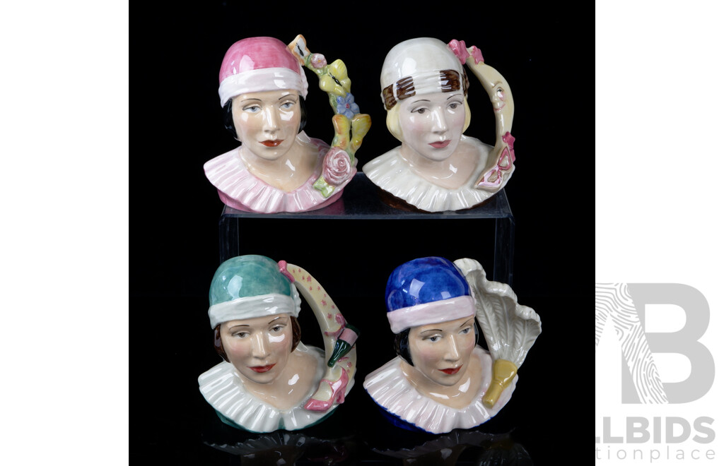 Set Four Limited Edition of 1000 Art Deco Girl Ceramic Handmade and Painted Character Jugs by Kevin Francis Ceramics Modelled by Andy Moss