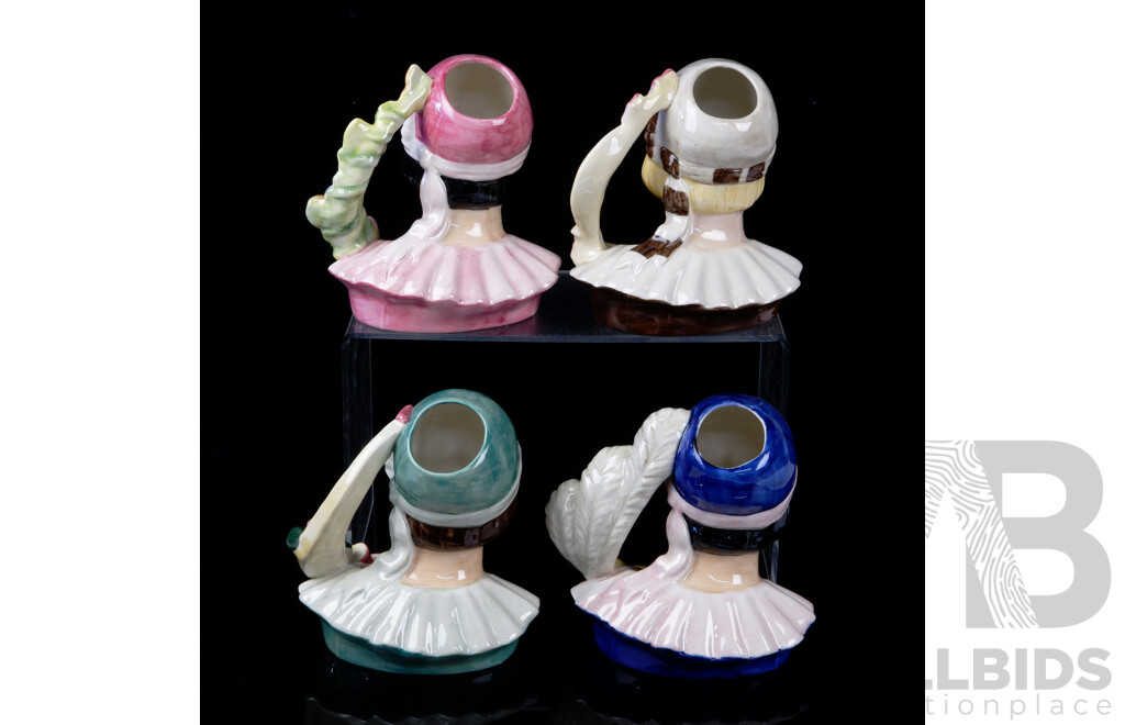 Set Four Limited Edition of 1000 Art Deco Girl Ceramic Handmade and Painted Character Jugs by Kevin Francis Ceramics Modelled by Andy Moss