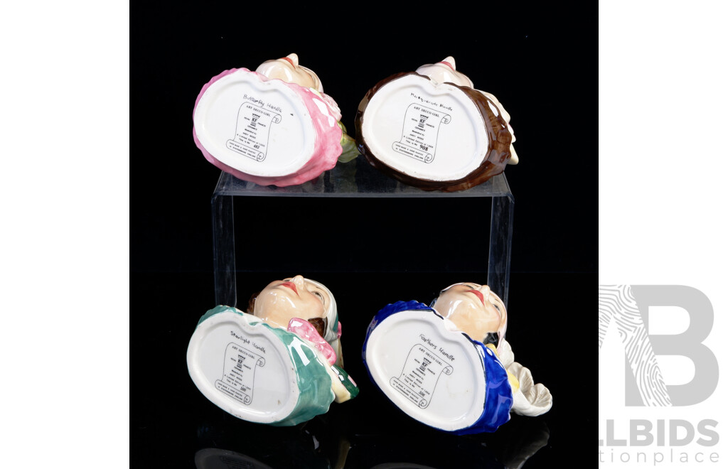 Set Four Limited Edition of 1000 Art Deco Girl Ceramic Handmade and Painted Character Jugs by Kevin Francis Ceramics Modelled by Andy Moss