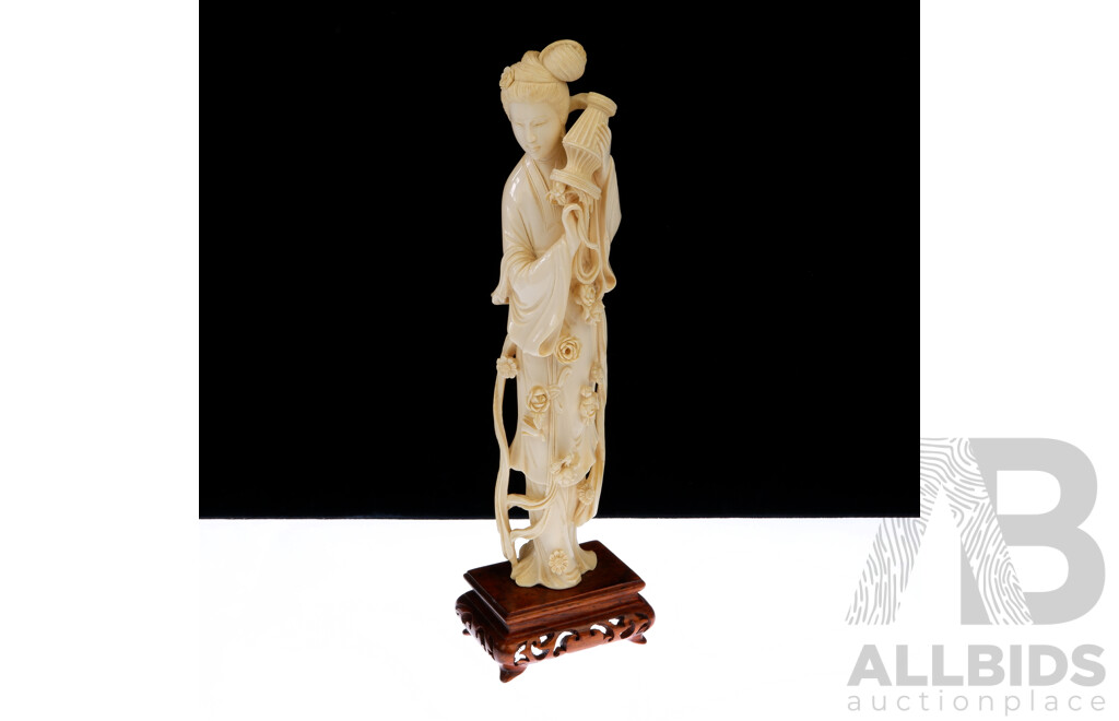 Vintage Finely Carved Chinese Ivory Figure of Lady Emptying Flowers From Basket on Carved Wooden Stand