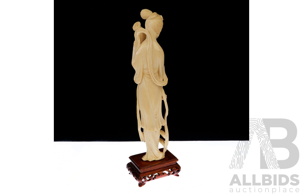 Vintage Finely Carved Chinese Ivory Figure of Lady Emptying Flowers From Basket on Carved Wooden Stand