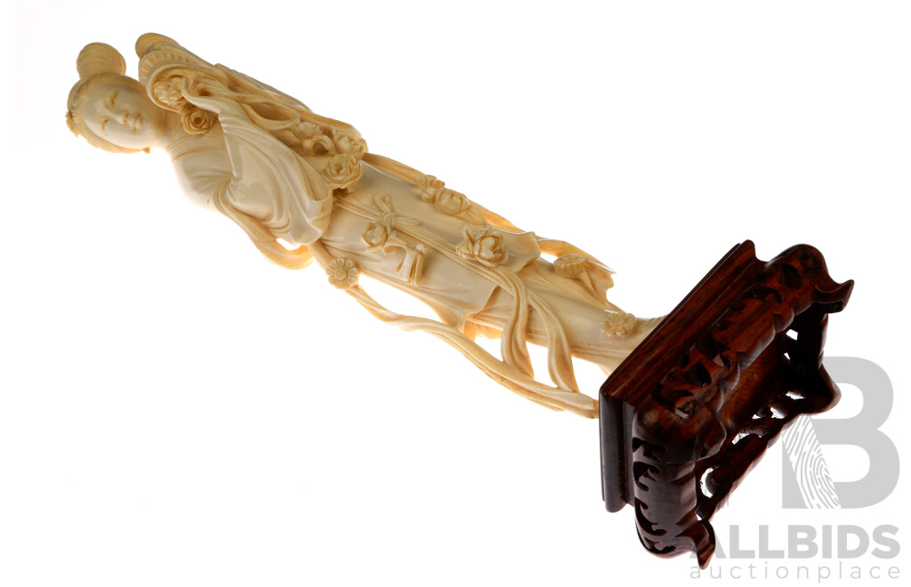 Vintage Finely Carved Chinese Ivory Figure of Lady Emptying Flowers From Basket on Carved Wooden Stand