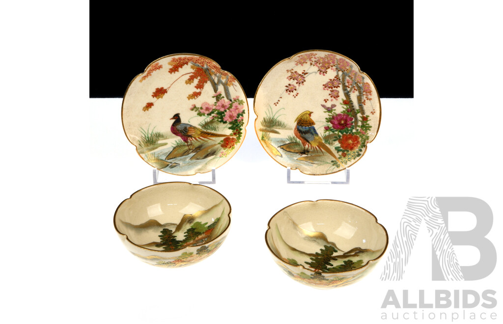 Collection Vintage Japanese Satsuma Porcelain with Detailed Hand Painted Scenes Comprising Pair Dishes with Fluted Rims & Pair Plates with Avian and Foliate Decoration