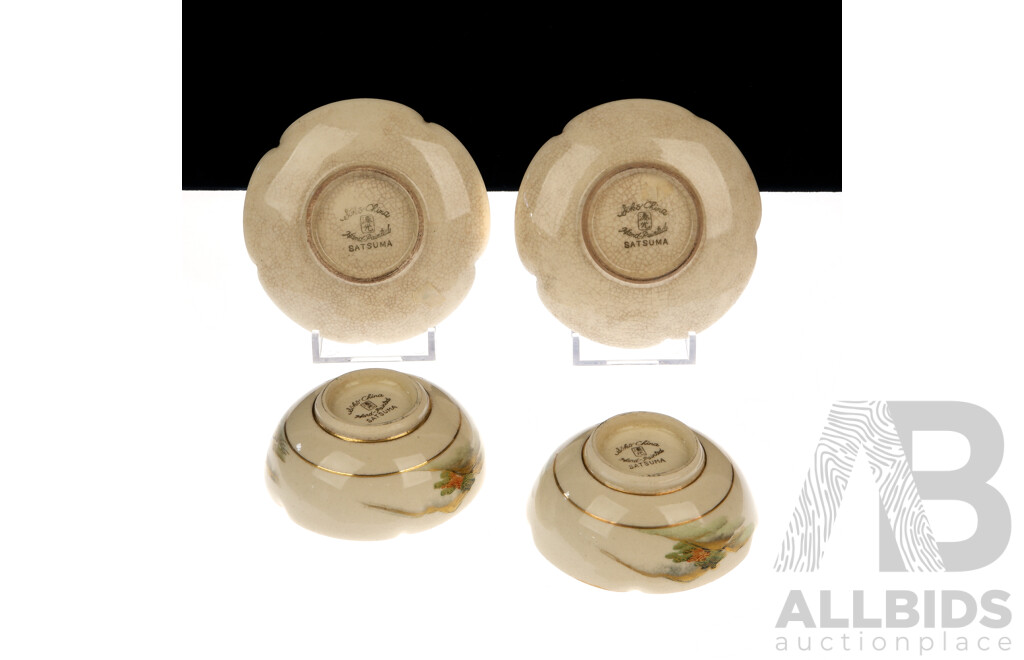 Collection Vintage Japanese Satsuma Porcelain with Detailed Hand Painted Scenes Comprising Pair Dishes with Fluted Rims & Pair Plates with Avian and Foliate Decoration