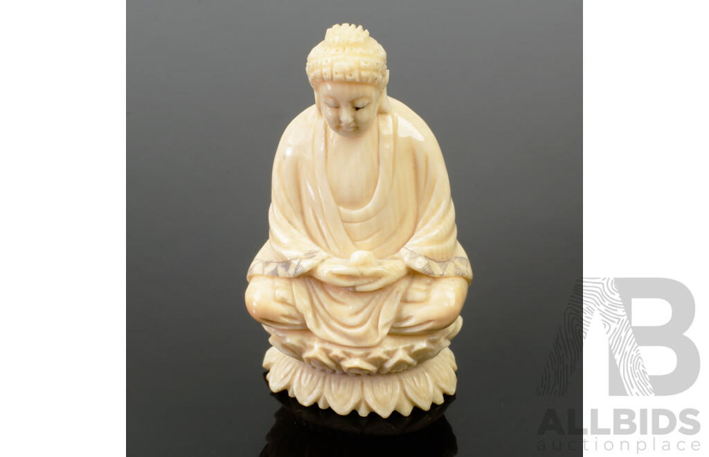 Antique Japanese Hand Carved and Dyed Ivory Netsuke of Guanyin on Lotus Throne